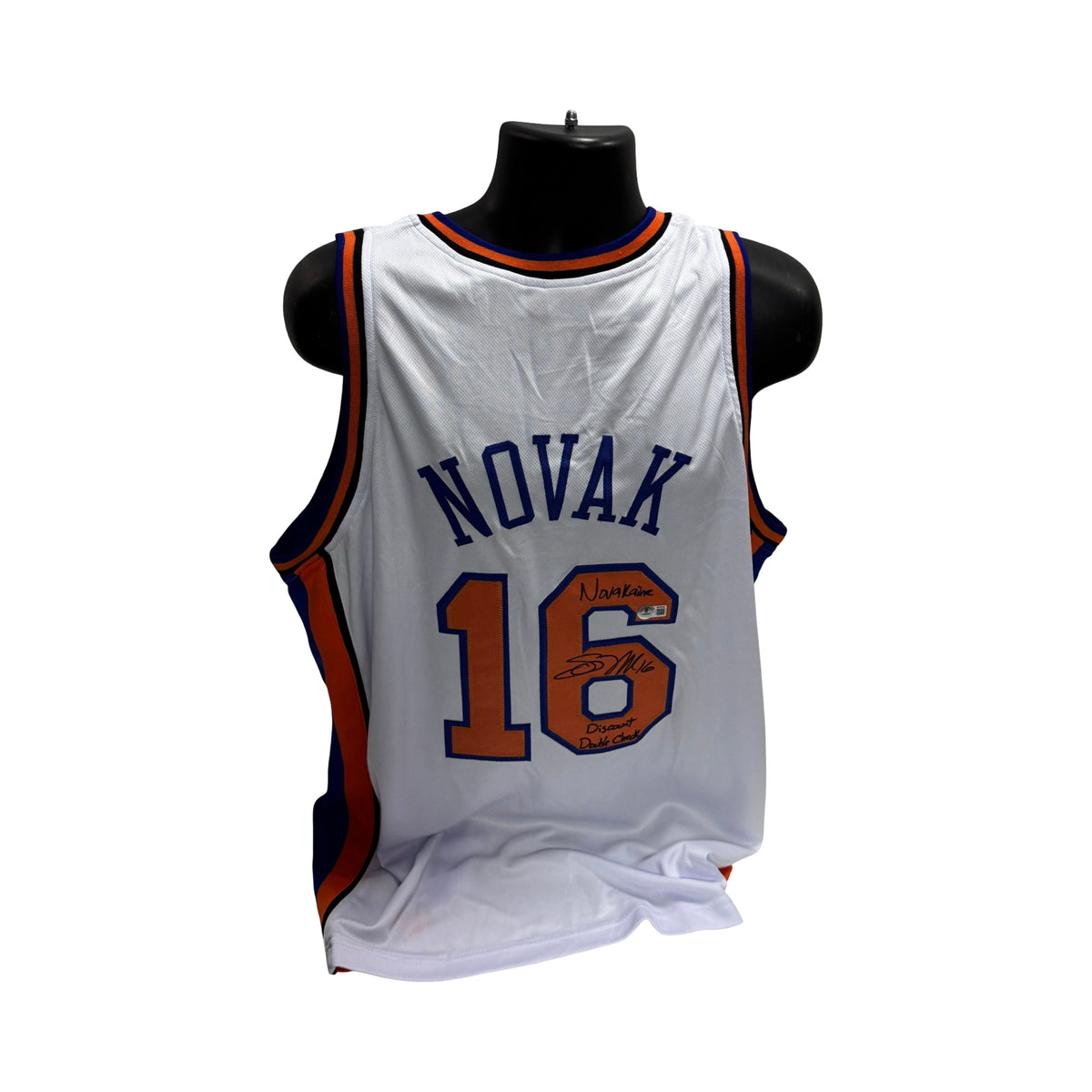 Steve Novak Autographed New York Knicks White Jersey Blue Stripe Inscribed Novakaine & Discount Double Check Beckett BAS