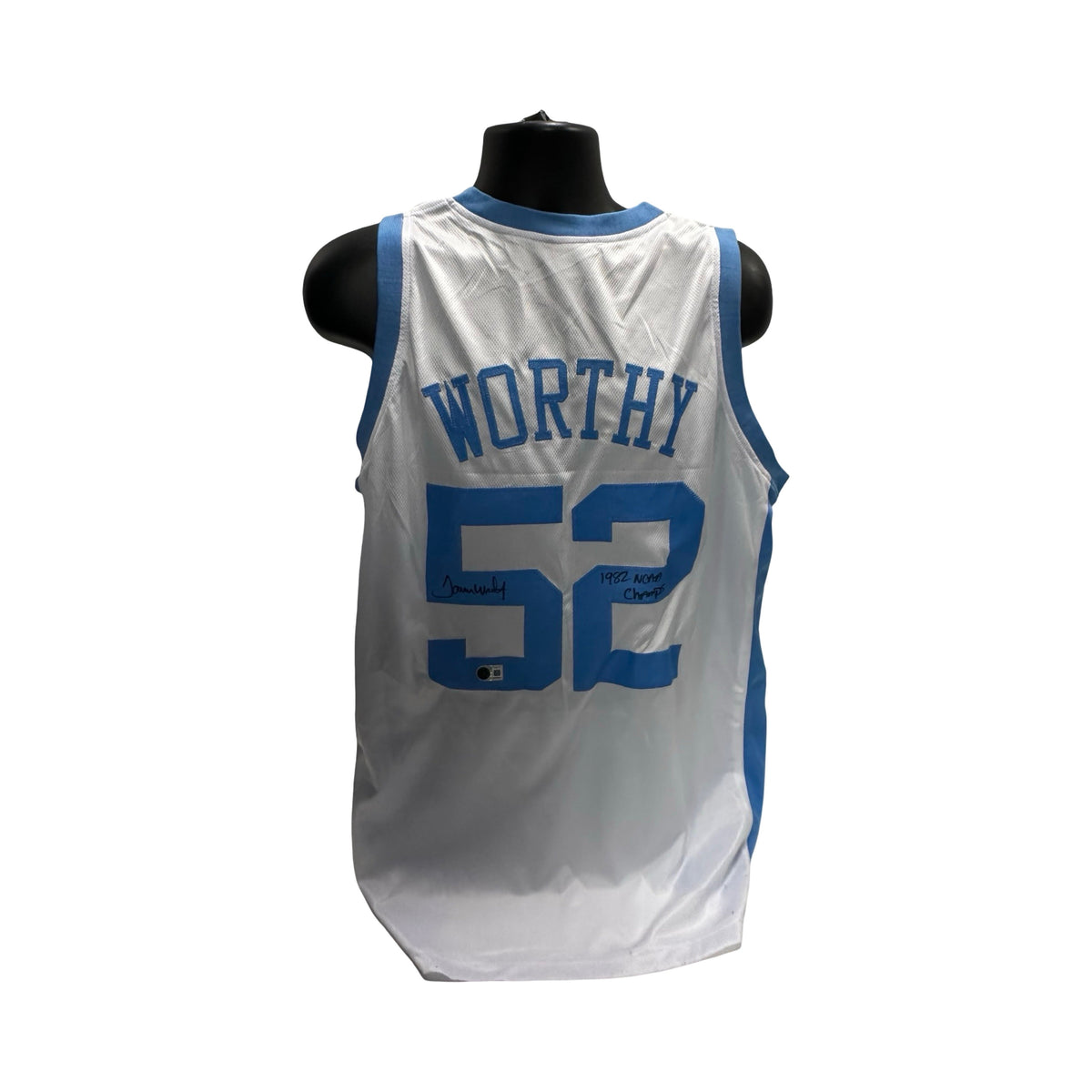 James Worthy Autographed & Inscribed North Carolina White and Light Blue Jersey BAS product image 1, provided for visual