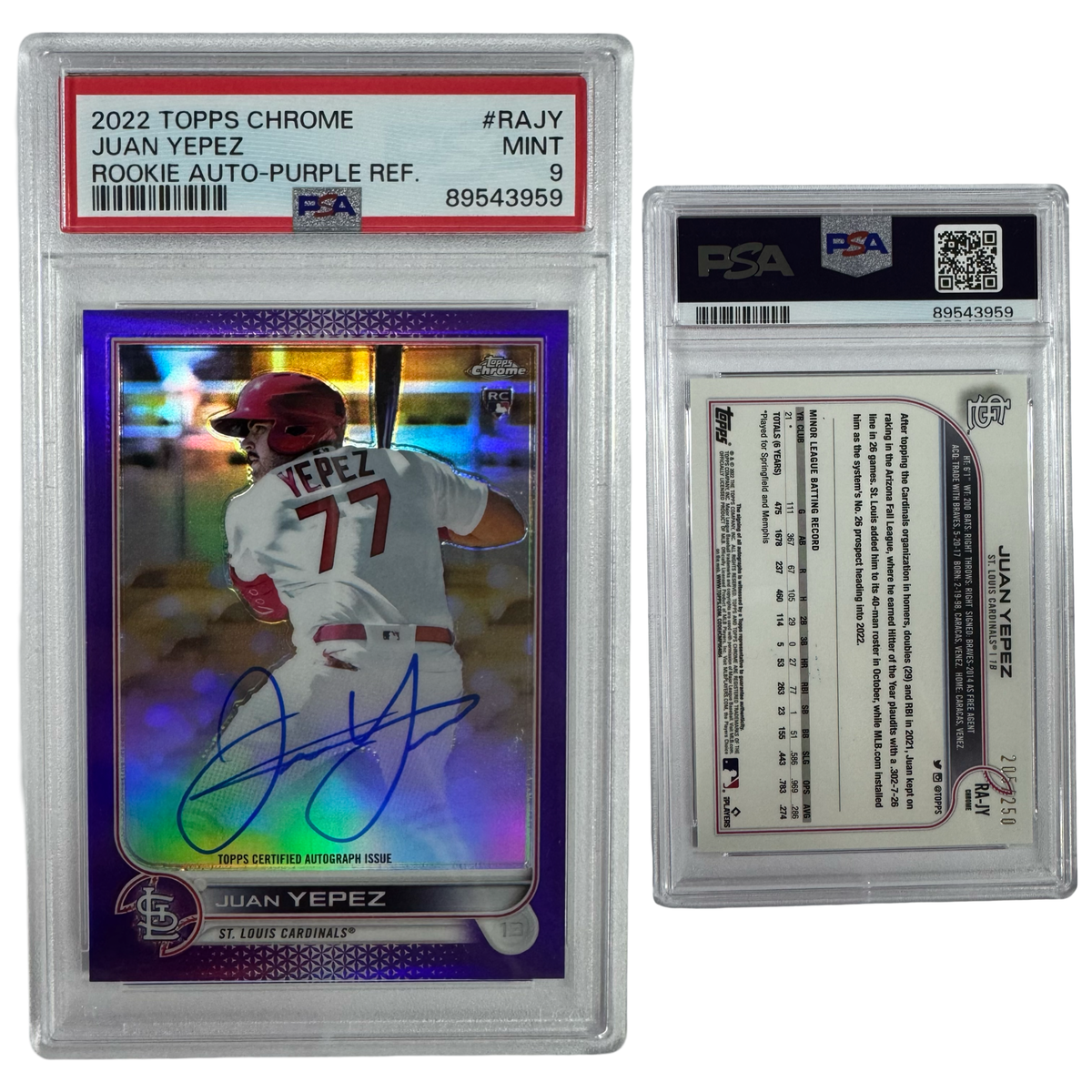 2022 Juan Yepez Autographed Topps Chrome Rookie Purple Refractor /250 #RAJY PSA MINT 9 product image 1, provided for visual