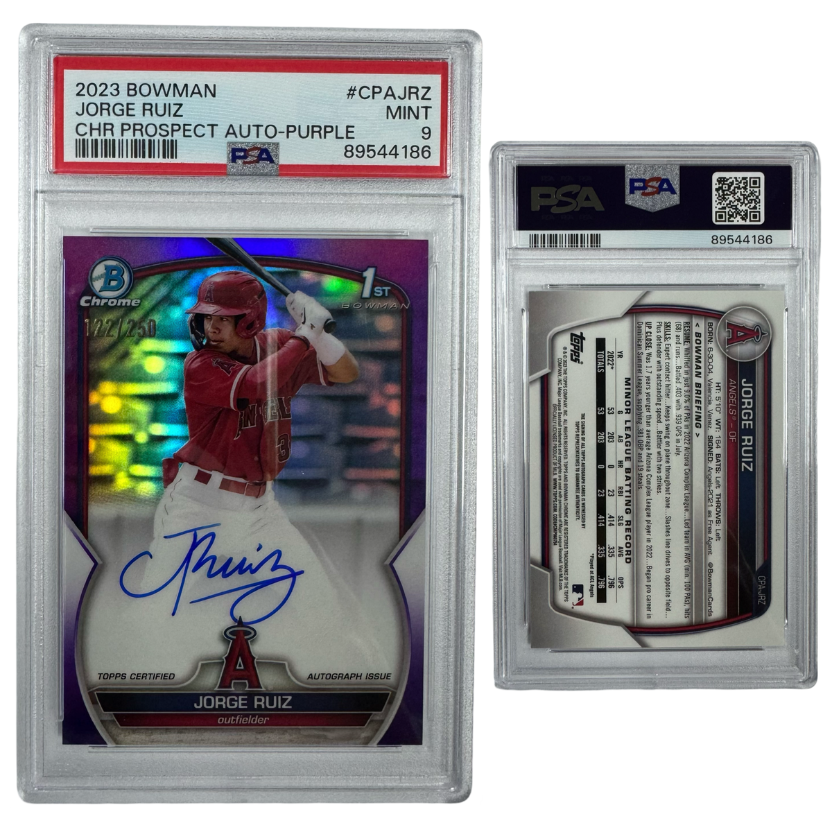 2023 Jorge Ruiz Autographed Bowman Chrome Prospects Purple Refractor /250 #CPAJRZ PSA MINT 9 product image 1, provided for