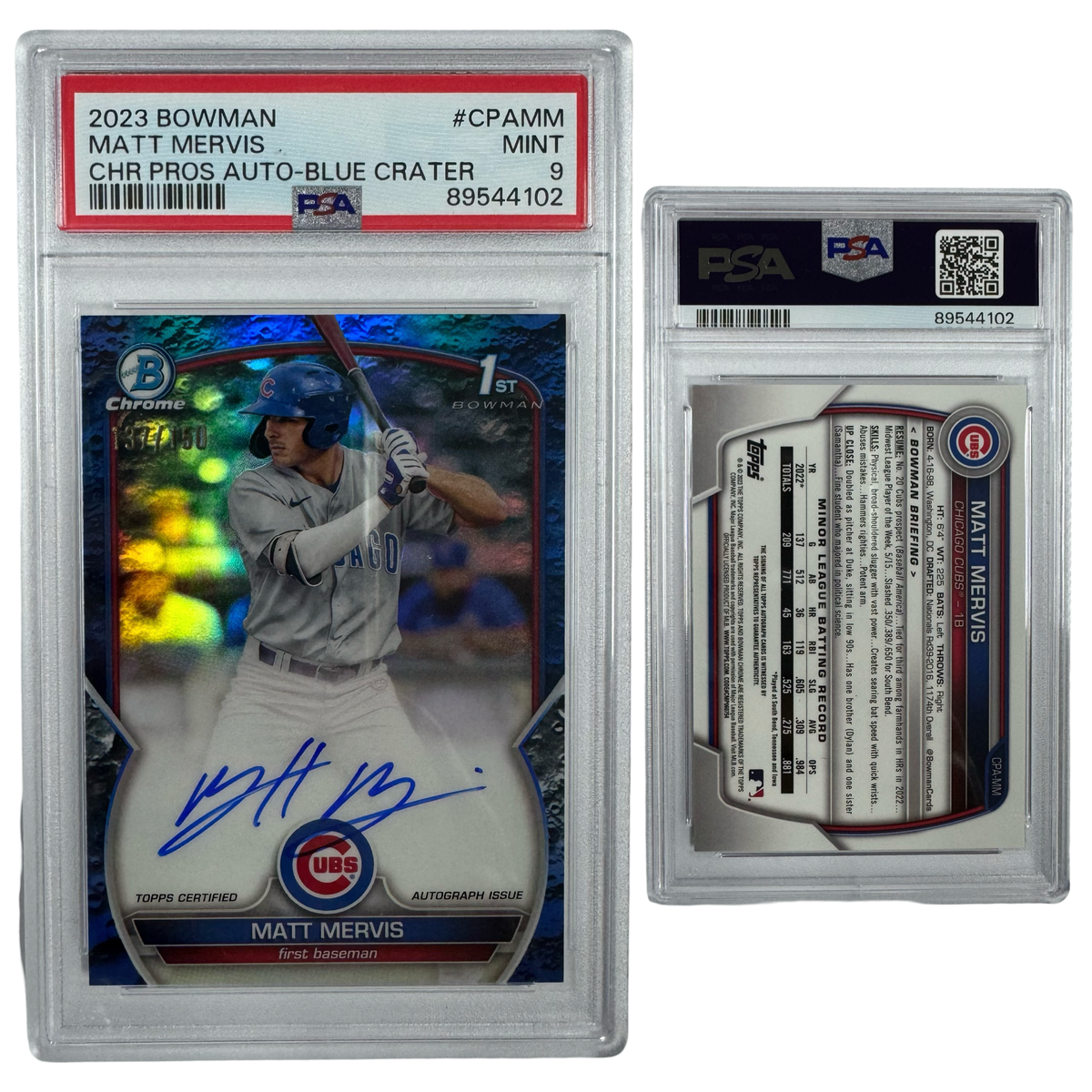 2023 Matt Mervis Autographed Bowman Chrome Prospects Blue Crater /150 #CPAMM PSA MINT 9 product image 1, provided for visual