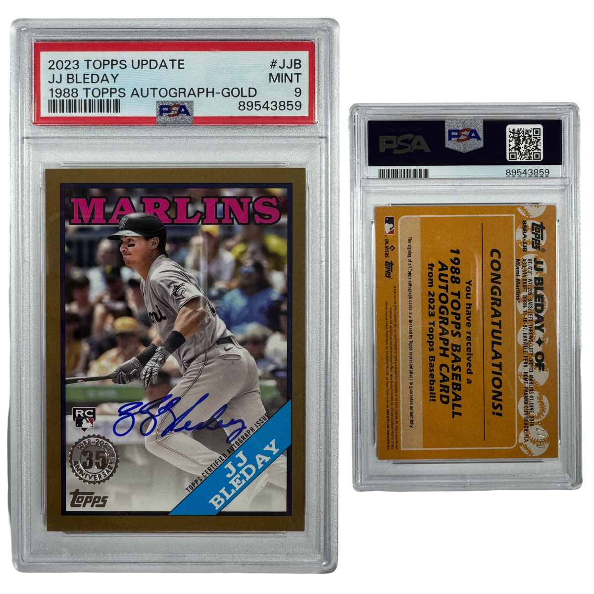 2023 JJ Bleday Autographed Topps Update Rookie 1988 Topps Gold /50 #JJB PSA MINT 9 product image 1, provided for visual