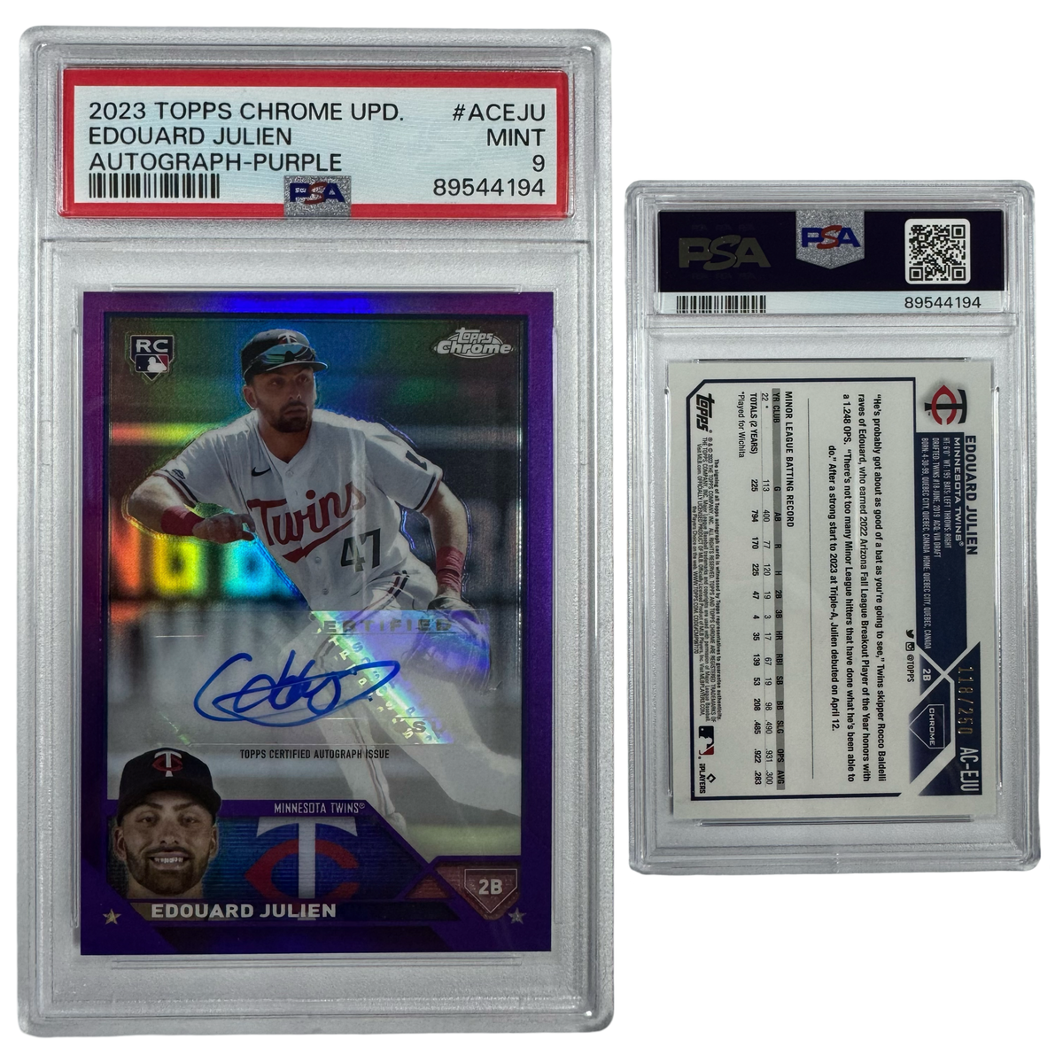2023 Edouard Julien Autographed Topps Chrome Update Purple Refractor /250 #ACEJU PSA MINT 9 product image 1, provided for