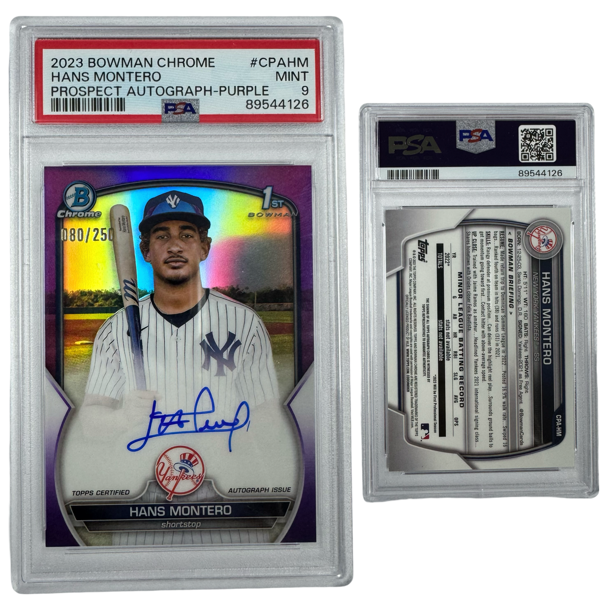 2023 Hans Montero Autographed Bowman Chrome Prospects Purple Refractor /250 #CPAHM PSA MINT 9 product image 1, provided for