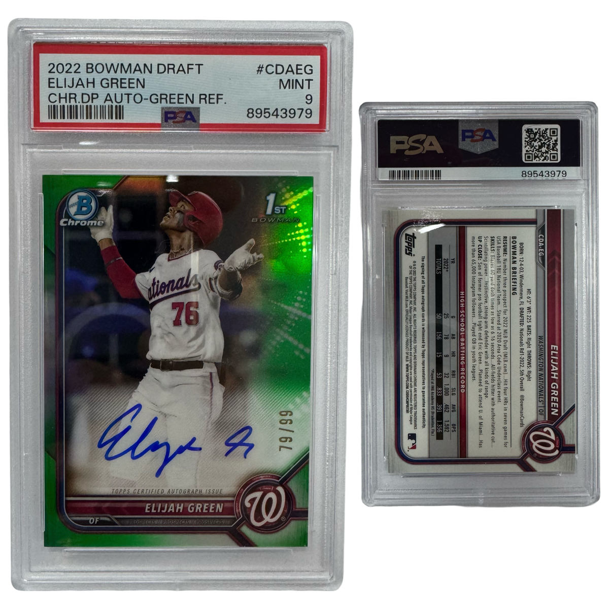 2022 Elijah Green Bowman Chrome Draft Green Refractor /99 #CDAEG PSA MINT 9 product image 1, provided for visual reference
