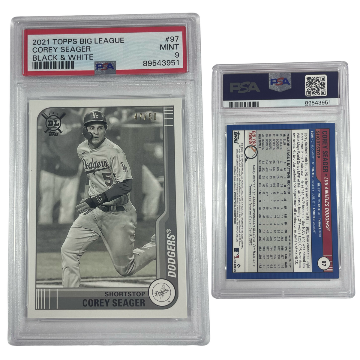 2021 Corey Seager Topps Big Leagues Black & White /50 #97 PSA MINT 9 product image 1, provided for visual reference and