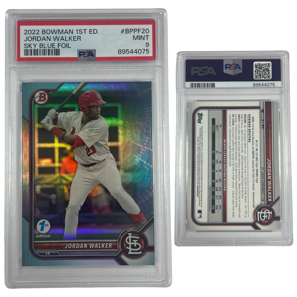 2022 Jordan Walker Bowman 1st Edition Sky Blue Foil #BPPF20 PSA MINT 9 product image 1, provided for visual reference and