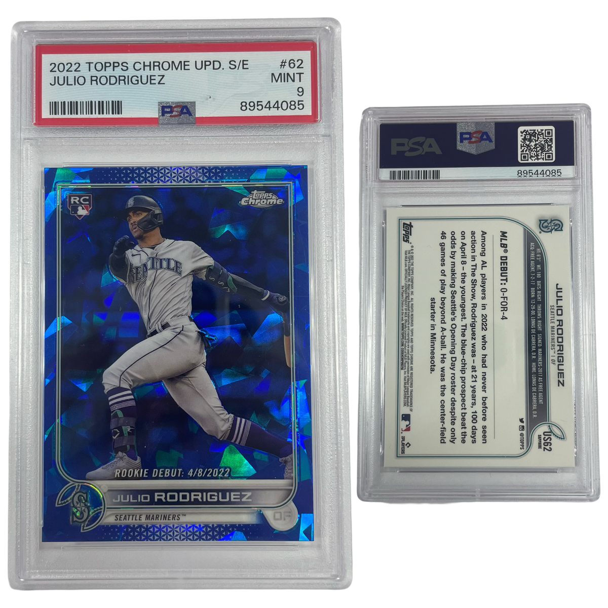 2022 Julio Rodriguez Topps Chrome Update Sapphire Rookie #62 PSA MINT 9 product image 1, provided for visual reference and