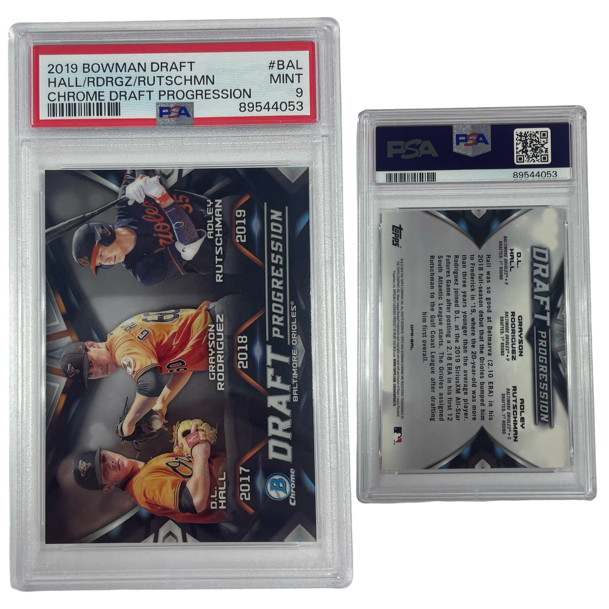 2019 D.L. Hall Grayson Rodriguez Adley Rutschman Bowman Chrome Draft Progression #BAL PSA MINT 9 product image 1, provided
