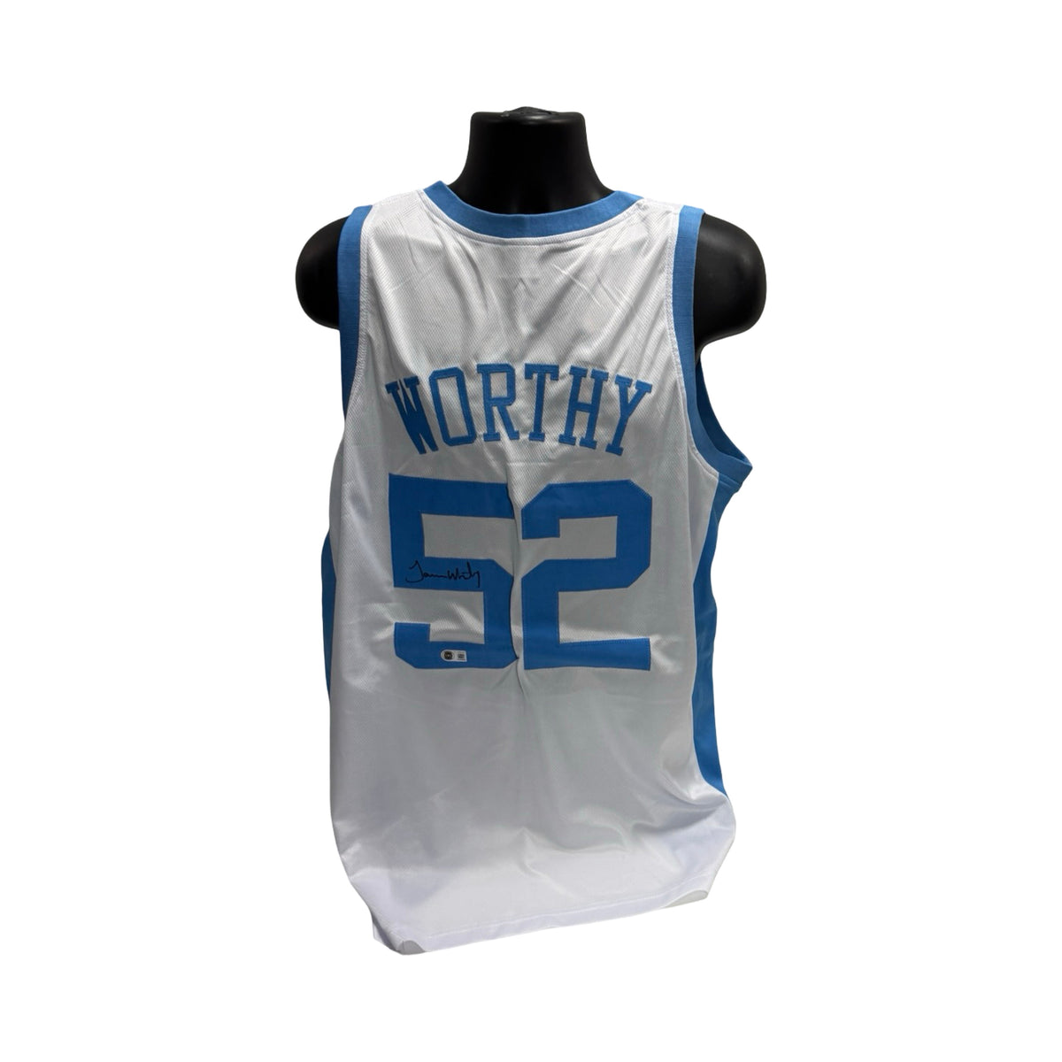 James Worthy Autographed North Carolina White and Light Blue Jersey BAS product image 1, provided for visual reference and