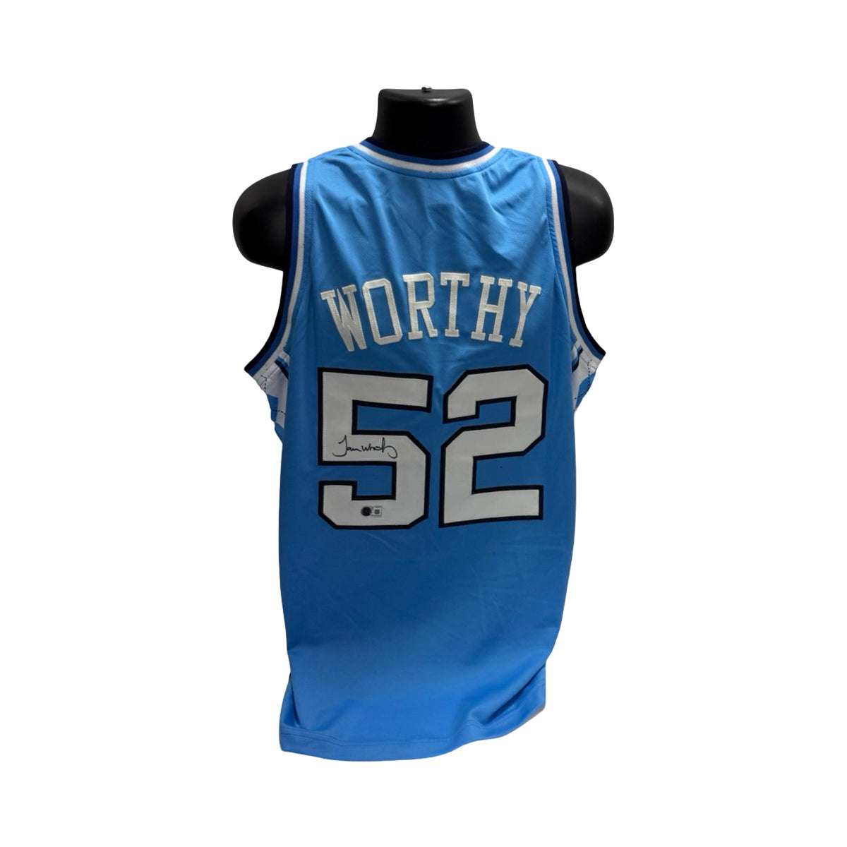 James Worthy Autographed North Carolina Light Blue and Navy Jersey BAS product image 1, provided for visual reference and