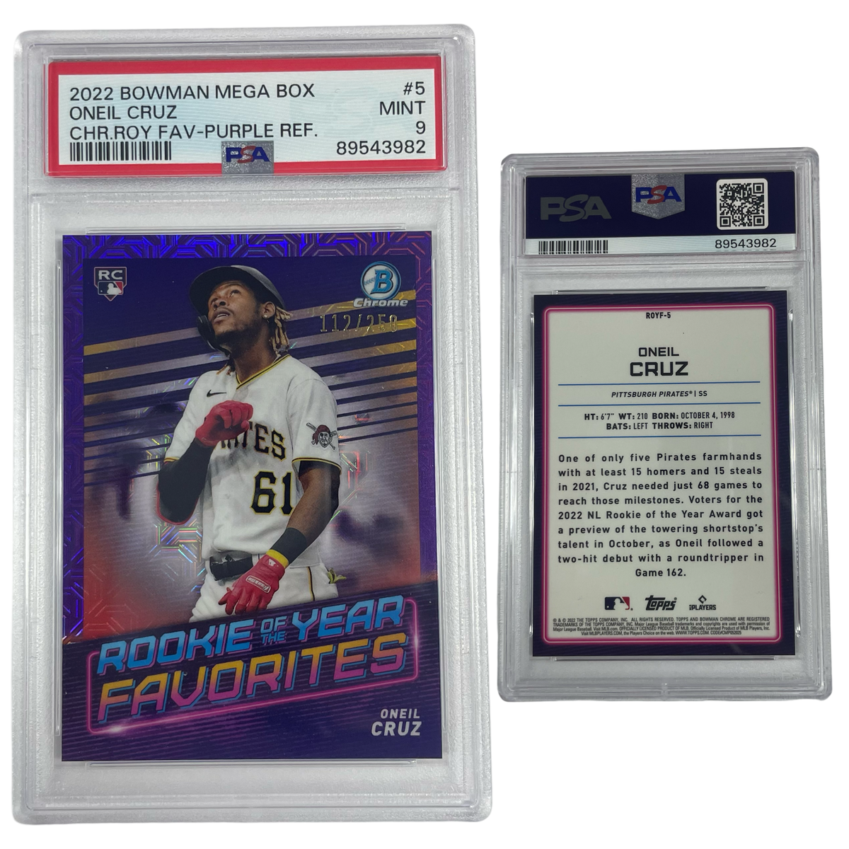 2022 Oneil Cruz Bowman Chrome ROY Favorites Mega Box Purple Refractor /250 #5 PSA MINT 9 product image 1, provided for