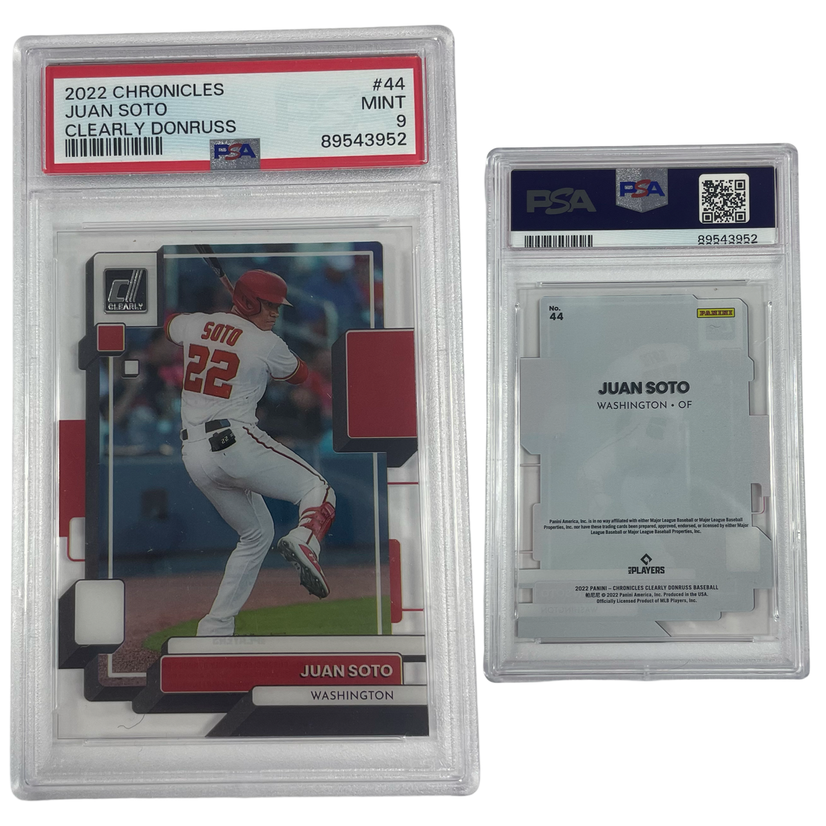 2022 Juan Soto Panini Chronicles Clearly Donruss #44 PSA MINT 9 product image 1, provided for visual reference and product