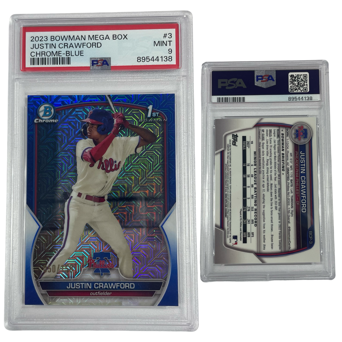 2023 Justin Crawford Bowman Chrome Mega Box Blue Refractor /150 #3 PSA MINT 9 product image 1, provided for visual reference