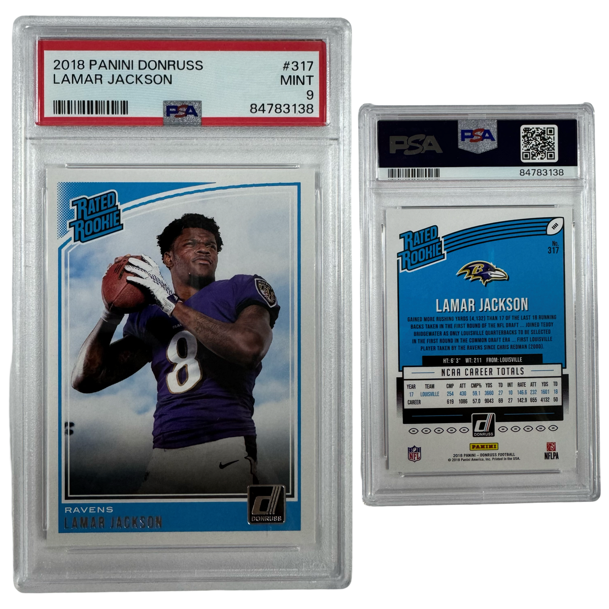 2018 Lamar Jackson Panini Donruss Rated Rookie #317 PSA MINT 9 product image 1, provided for visual reference and product