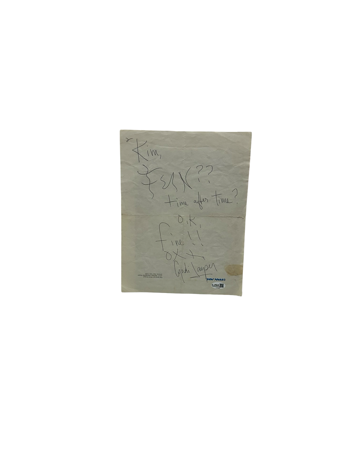Cindy Lauper Autographed Time after Time Letter 8x10 JSA product image 1, provided for visual reference and product detail