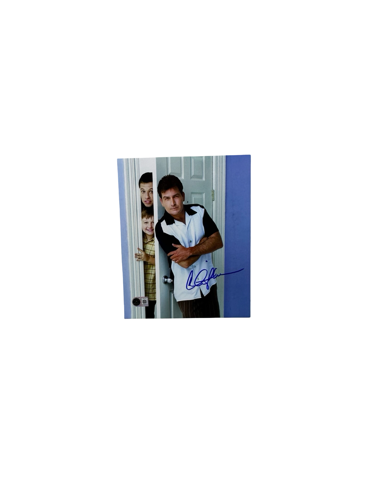 Charlie Sheen Autographed Two and a Half Men arms crossed on door 8x10 Beckett BAS product image 1, provided for visual