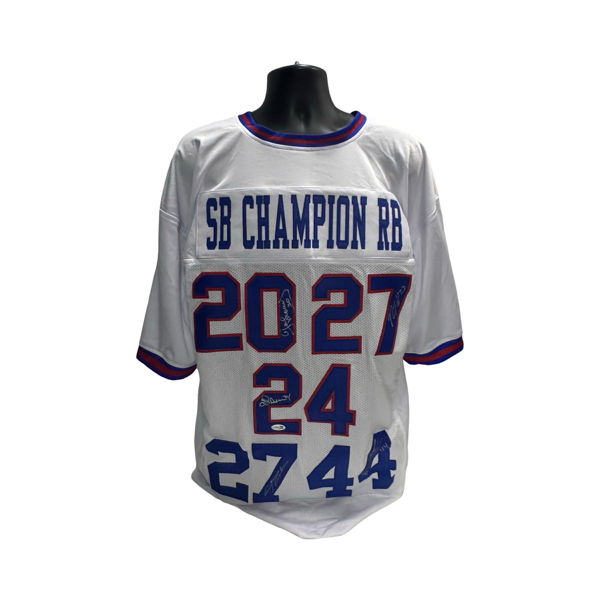 Brandon Jacobs Ahmad Bradshaw White Blue Lettering New York Giants Autographed Jersey Signed JSA COA product image 1,