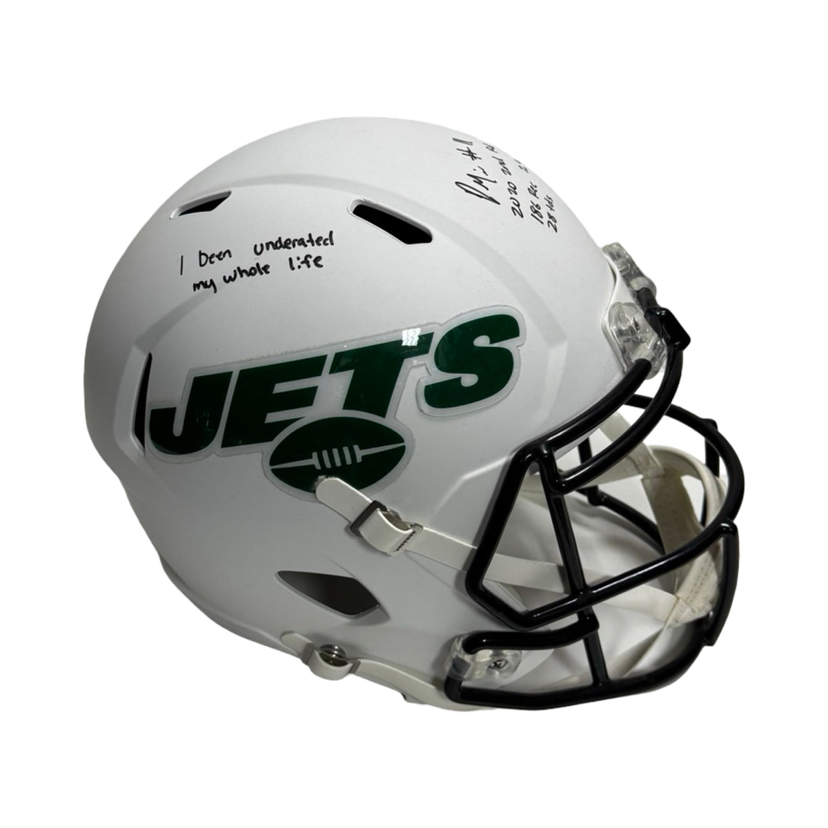 Denzel Mims Autographed New York Jets Lunar Eclipse Replica Helmet Inscribed Stats JSA product image 1, provided for visual