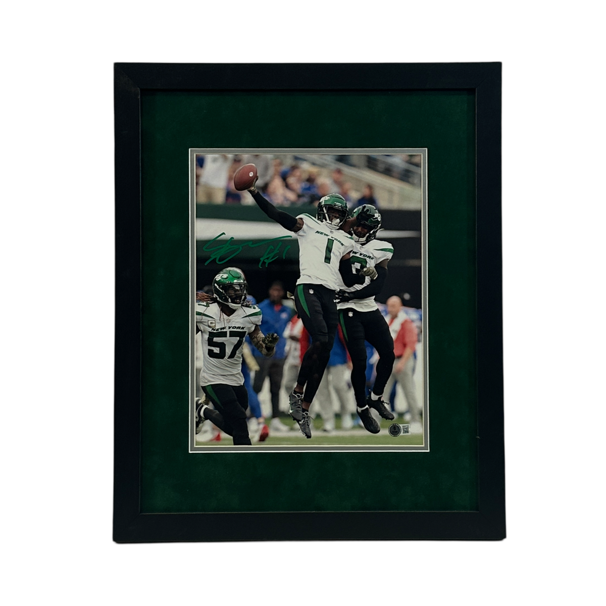 Sauce Gardner Autographed New York Jets Air Jump 11x14 Beckett - Framed product image 1, provided for visual reference and