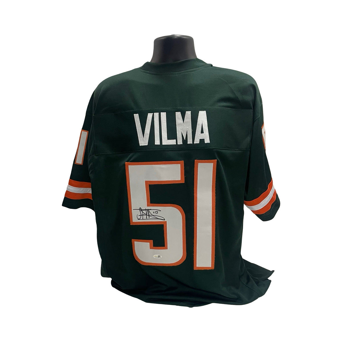 Jonathan Vilma Green Miami Hurricanes Autographed Jersey JSA product image 1, provided for visual reference and product