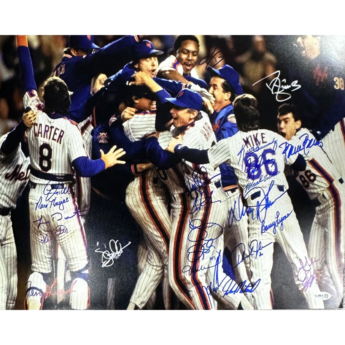 1986 New York Mets Team Autographed Team Hug Celebration Blue Ink 16x20 Horizontal JSA product image 1, provided for visual