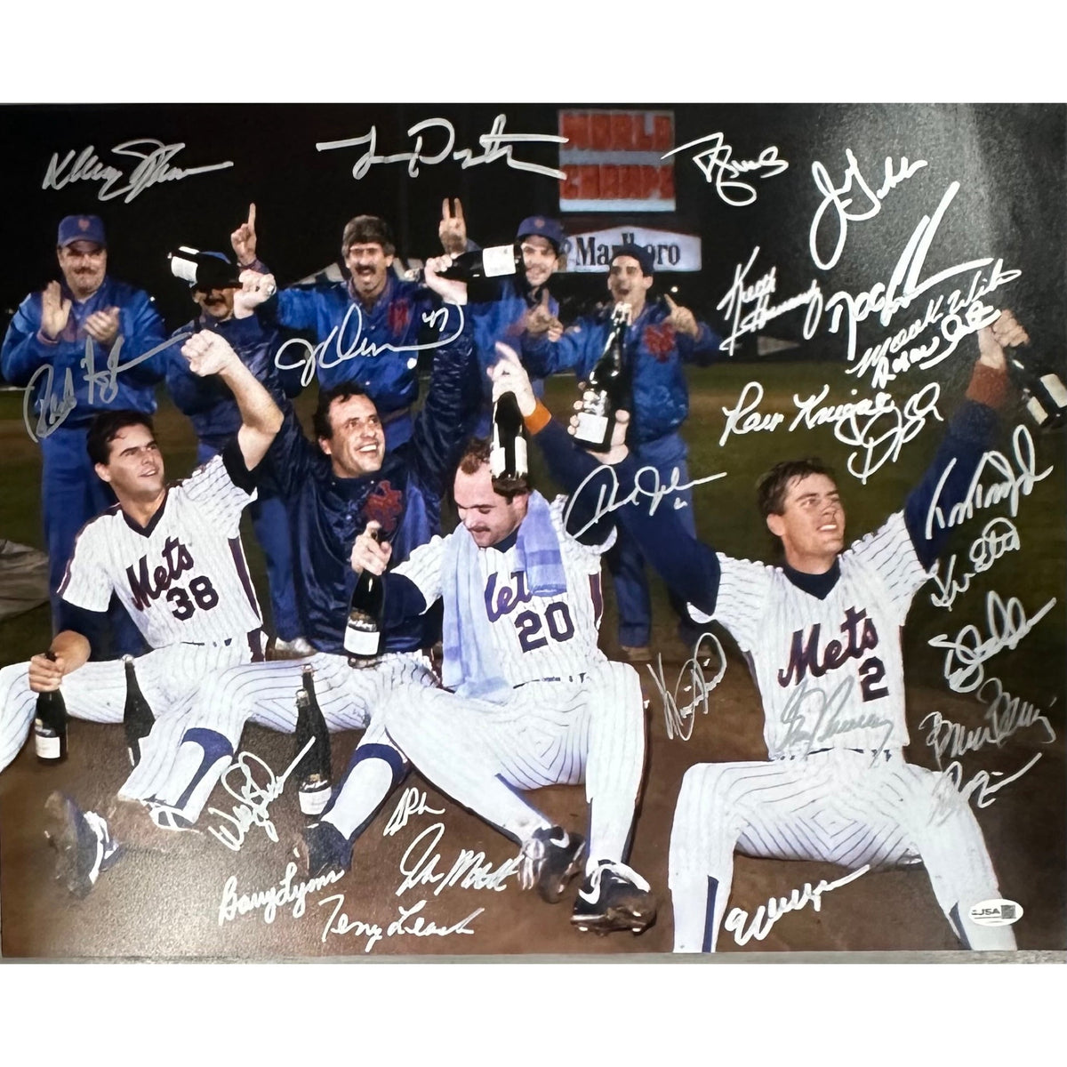 1986 New York Mets Team Autographed Team Sitting Champagne Celebration 16x20 Horizontal JSA product image 1, provided for