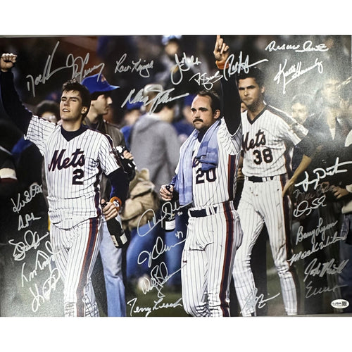 1986 New York Mets Team Autographed Walking With Champagne 16x20 Horizontal JSA product image 1, provided for visual