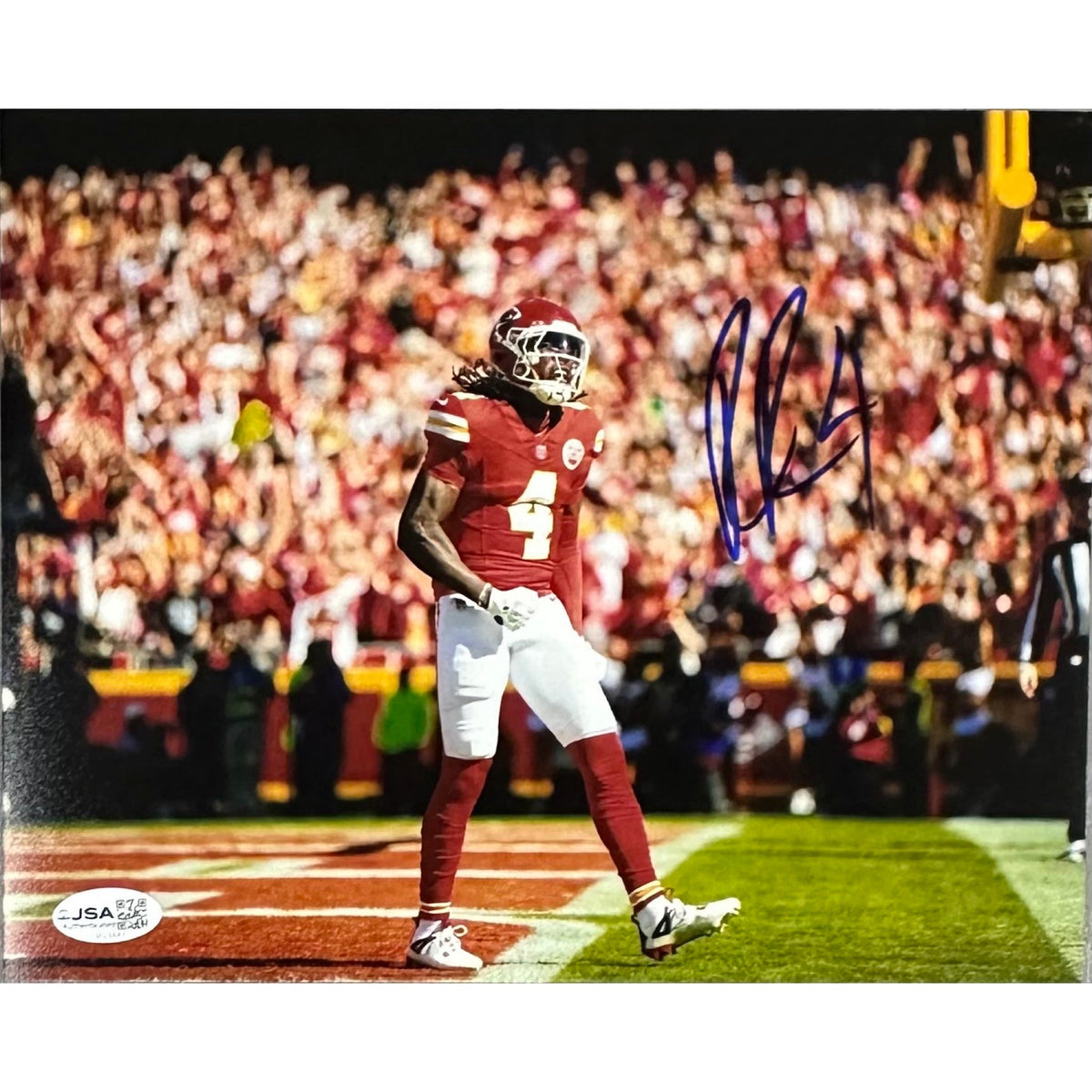 Rashee Rice Autographed Kansas City Chiefs Red Jersey Celebrating 8x10 Photo JSA COA product image 1, provided for visual