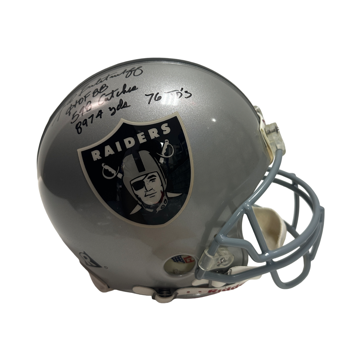 Fred Bilentnikoff Autographed Oakland Raiders "HOF 88, 598 Catches, 8974 yds, 76 TD's" Inscribed Ridell Authentic Helmet