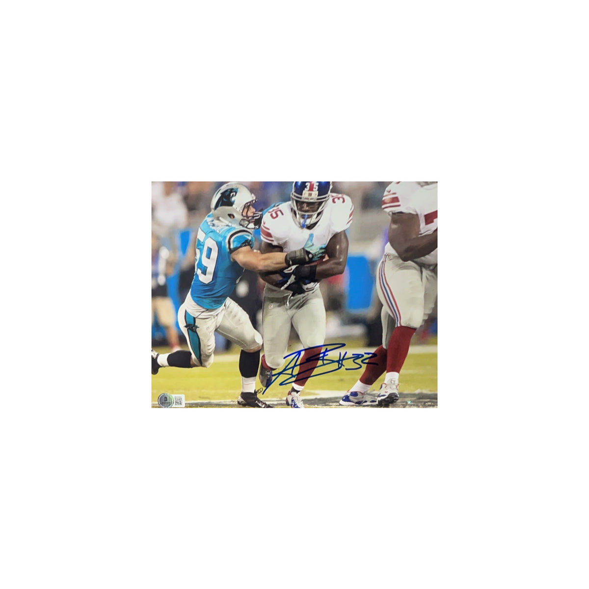 Andre Brown Autographed New York Giants vs. Kuechly 8x10 Beckett product image 1, provided for visual reference and product