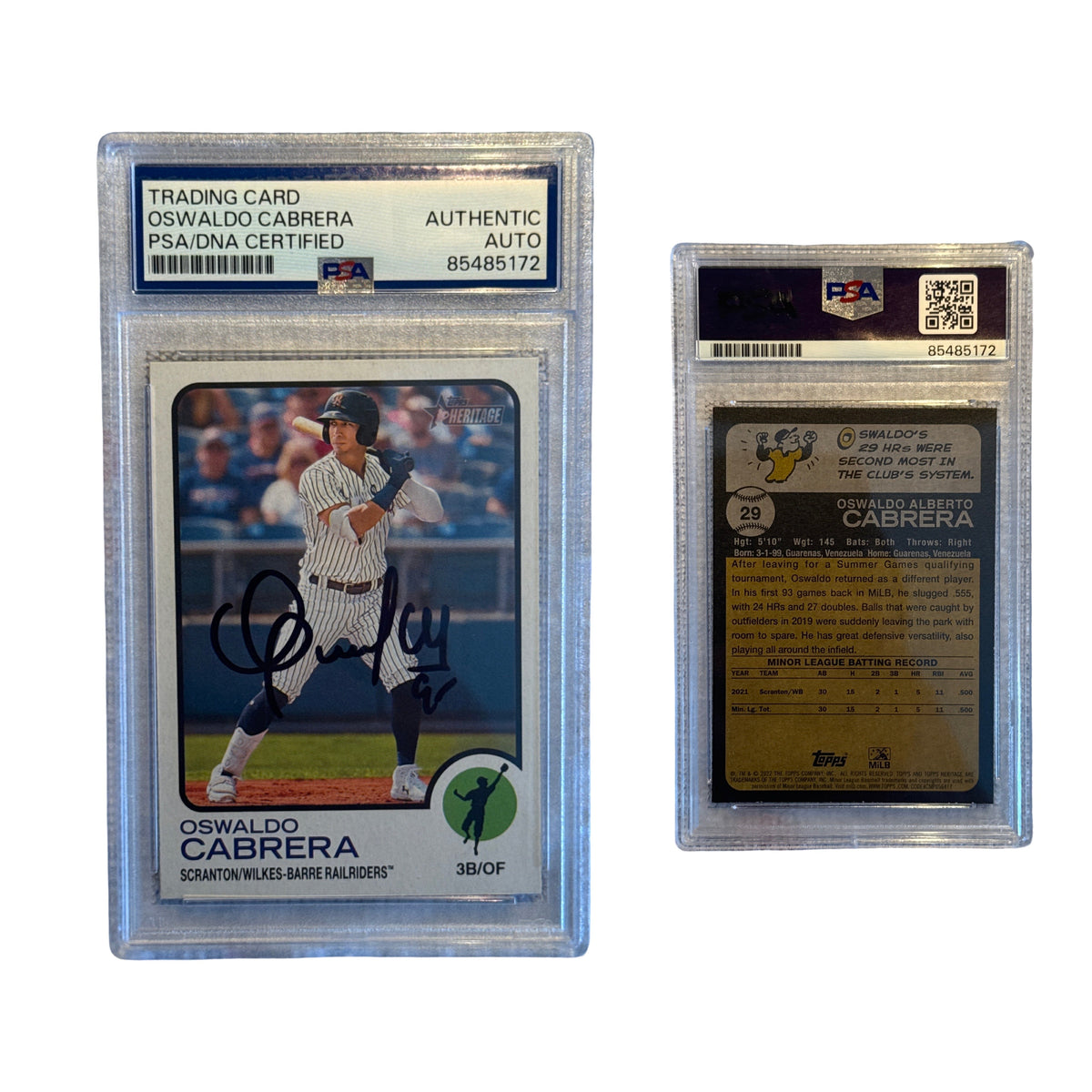 2022 Oswaldo Cabrera Topps Heritage #29 PSA Auto Authentic product image 1, provided for visual reference and product detail