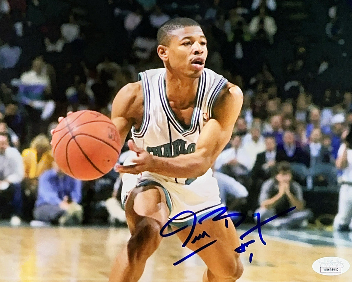 Muggsy Bogues Charlotte White Jersey Pass Autographed 8x10 JSA product image 1, provided for visual reference and product