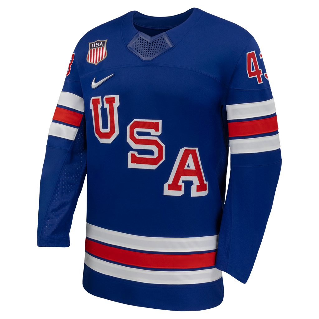 Quinn Hughes Royal US Hockey 2026 Home Replica Jersey product image 3, provided for visual reference and product detail
