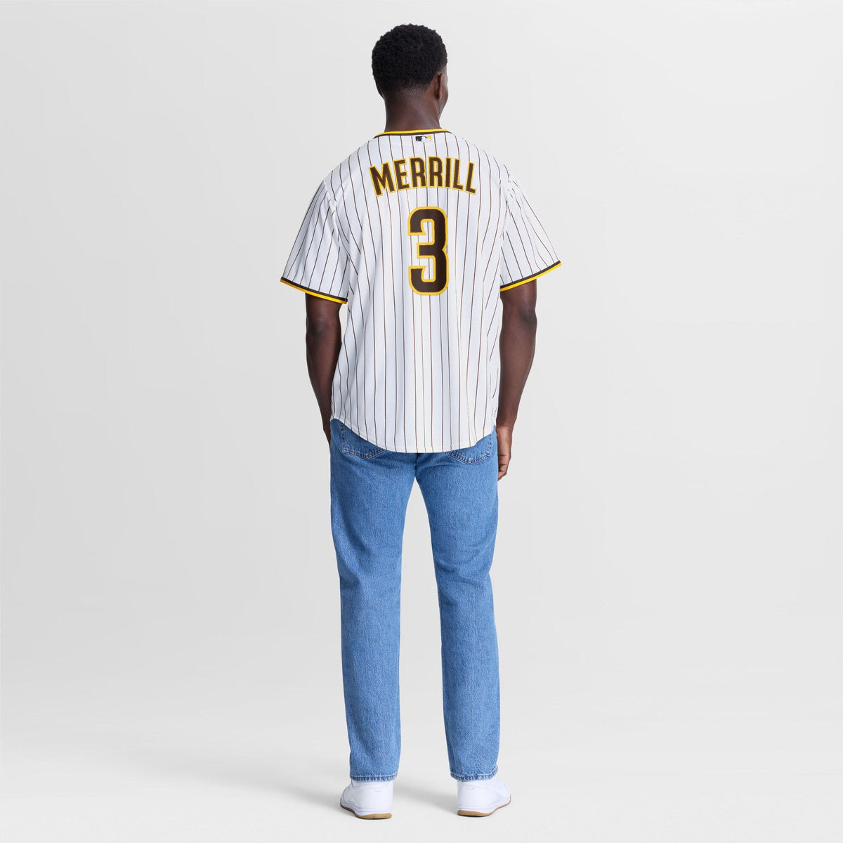 San Diego Padres Jackson Merrill White Home Replica Player Jersey product image 4, provided for visual reference and product