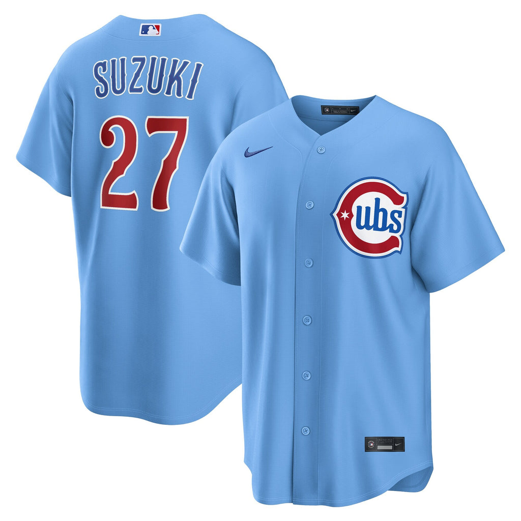 Chicago Cubs Seiya Suzuki Light Blue Alternate Replica Jersey product image 2, provided for visual reference and product