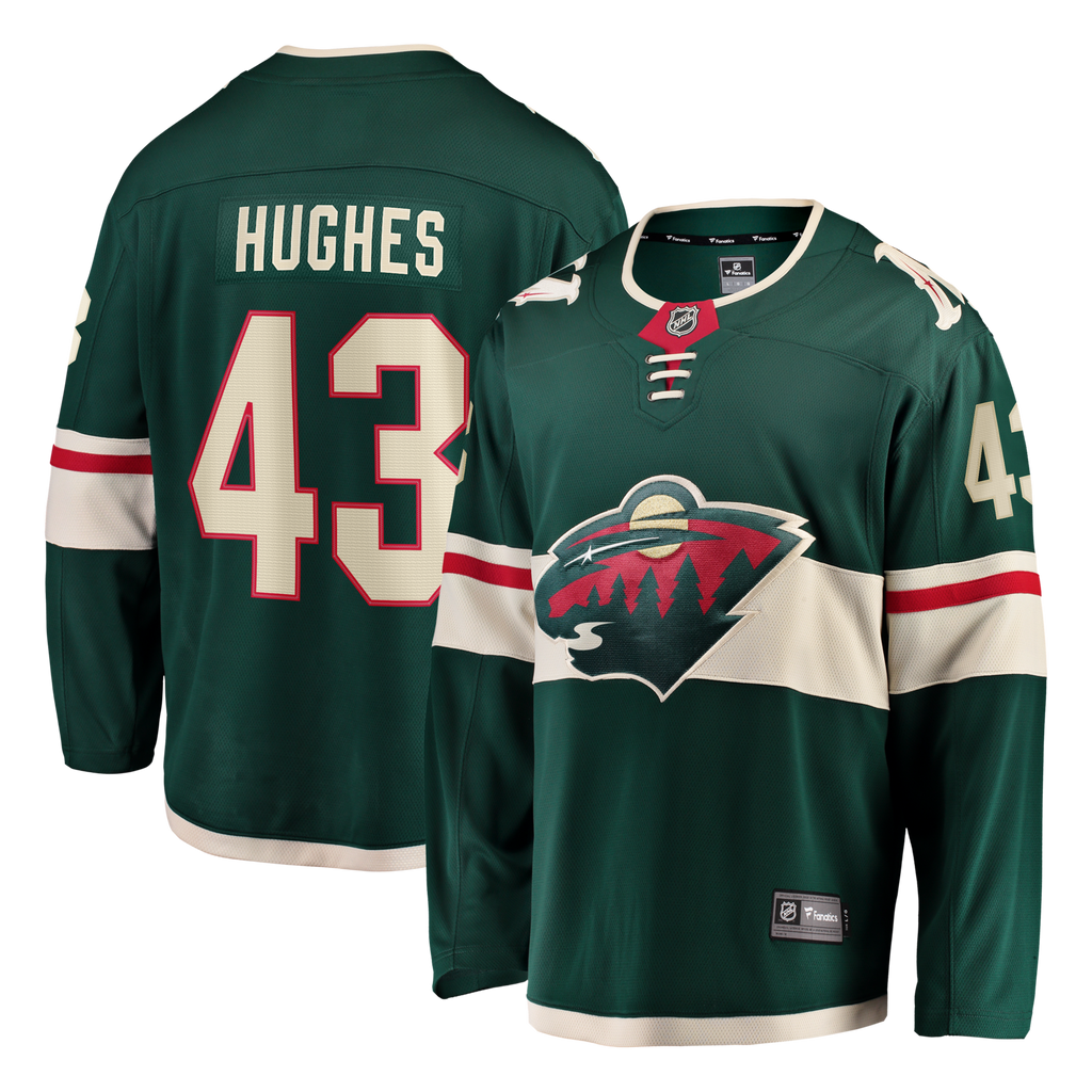 Minnesota Wild Quinn Hughes Green Home Breakaway Jersey product image 1, provided for visual reference and product detail