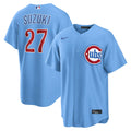 Chicago Cubs Seiya Suzuki Light Blue Alternate Replica Jersey product image 1, provided for visual reference and product