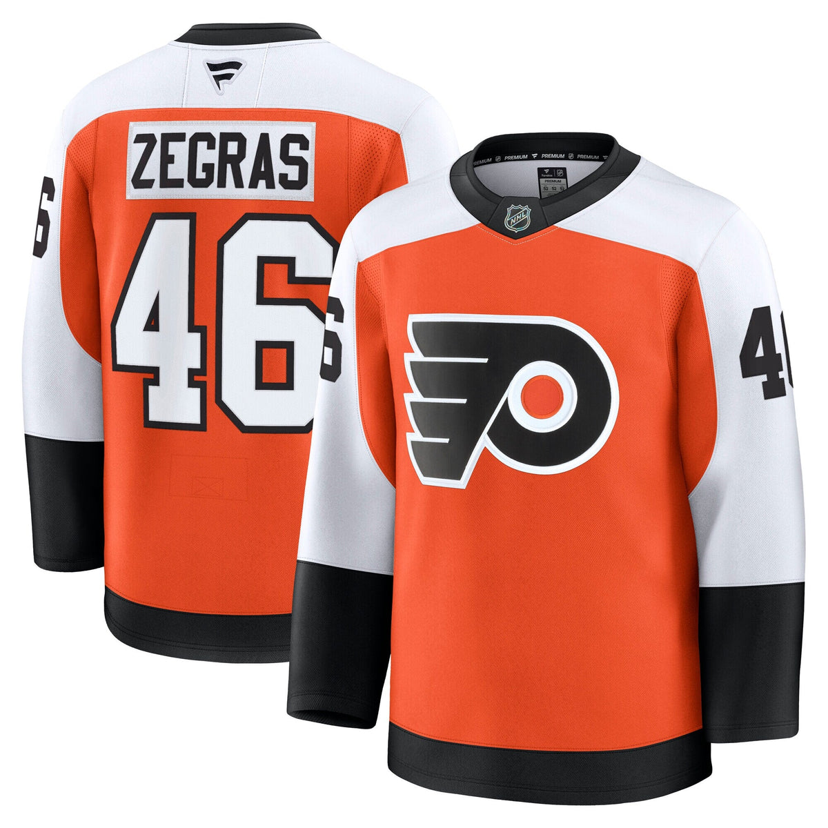 Philadelphia Flyers Trevor Zegras Orange Home Premium Jersey product image 1, provided for visual reference and product