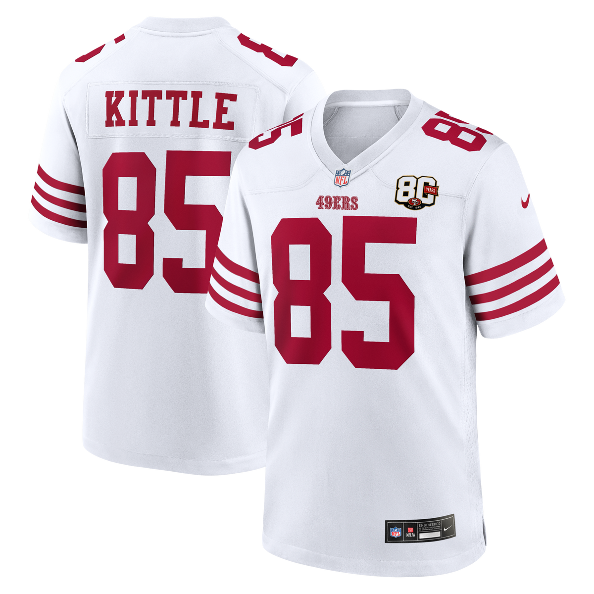 San Francisco 49ers George Kittle White 80th Anniversary Game Jersey product image 1, provided for visual reference and