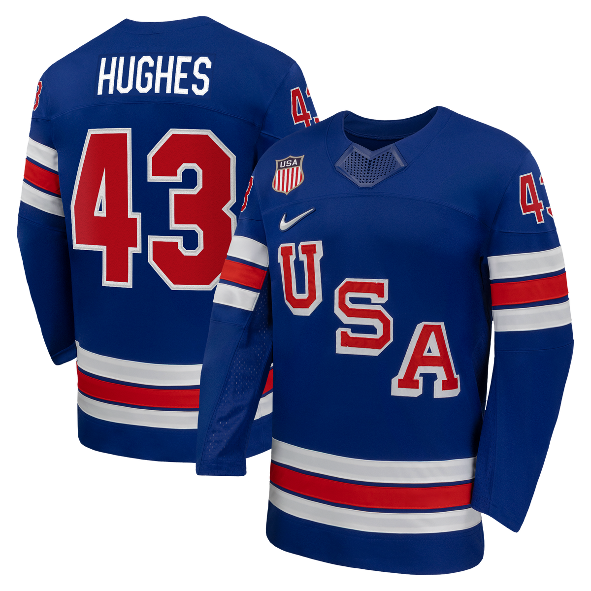 Quinn Hughes Royal US Hockey 2026 Home Replica Jersey product image 2, provided for visual reference and product detail