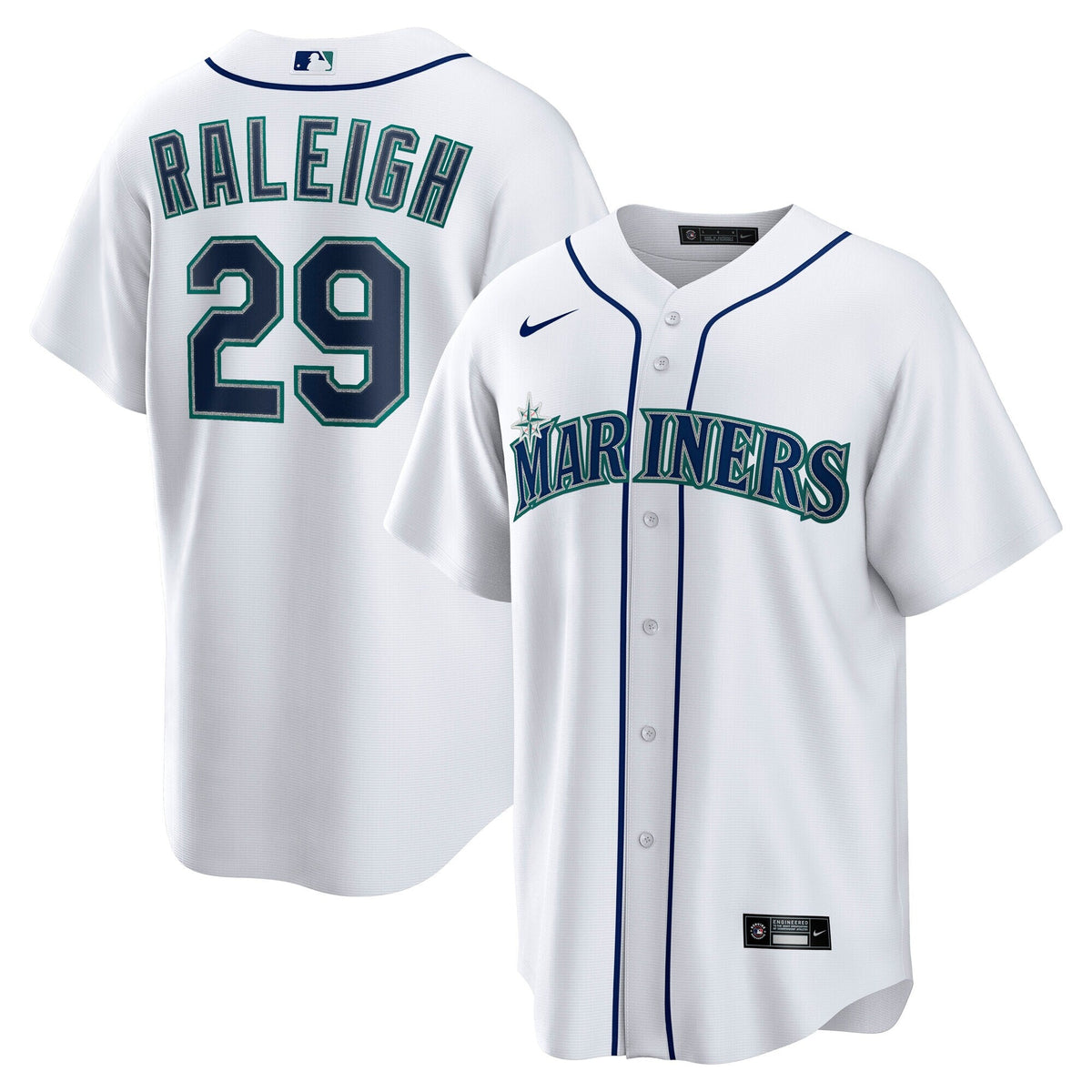 Seattle Mariners Cal Raleigh White Home Replica Player Jersey product image 1, provided for visual reference and product