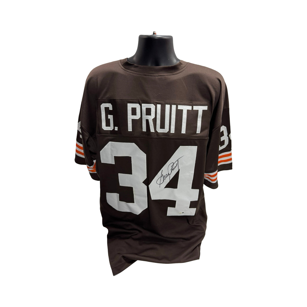 Greg Pruitt Autographed Cleveland Browns Brown Jersey JSA product image 1, provided for visual reference and product detail