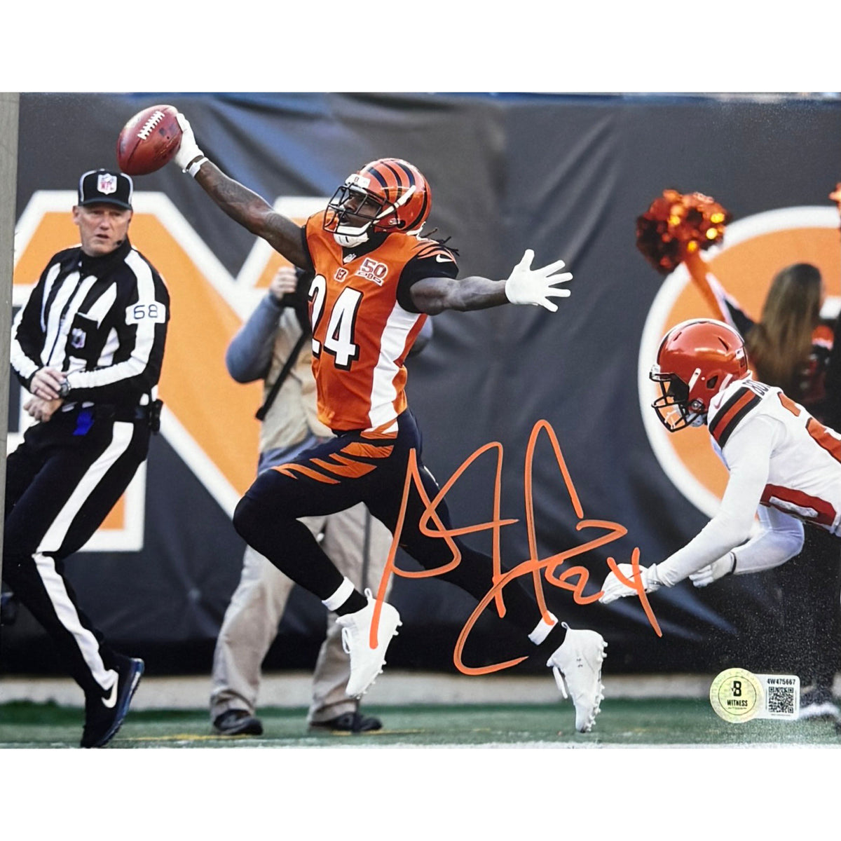 Adam PacMan Jones Cincinnati Bengals Orange Jersey Celebrating Autograph 8x10 Photo Beckett BAS product image 1, provided