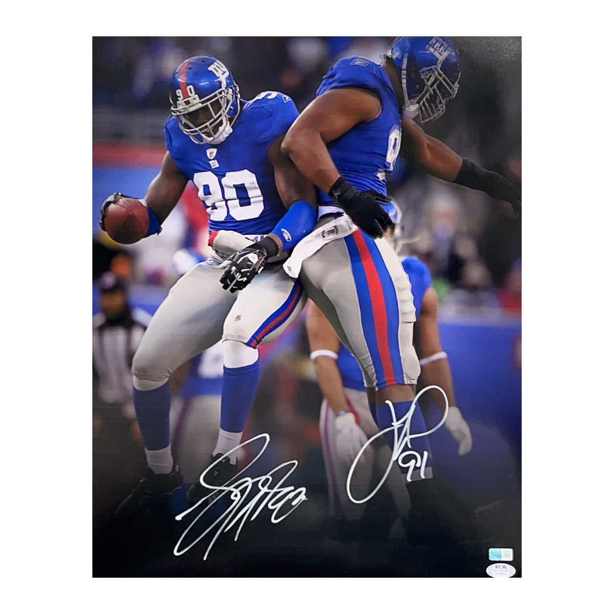 Justin Tuck & Jason Pierre Paul Jump Celebration 16x20 Steiner CX & PSA product image 1, provided for visual reference and