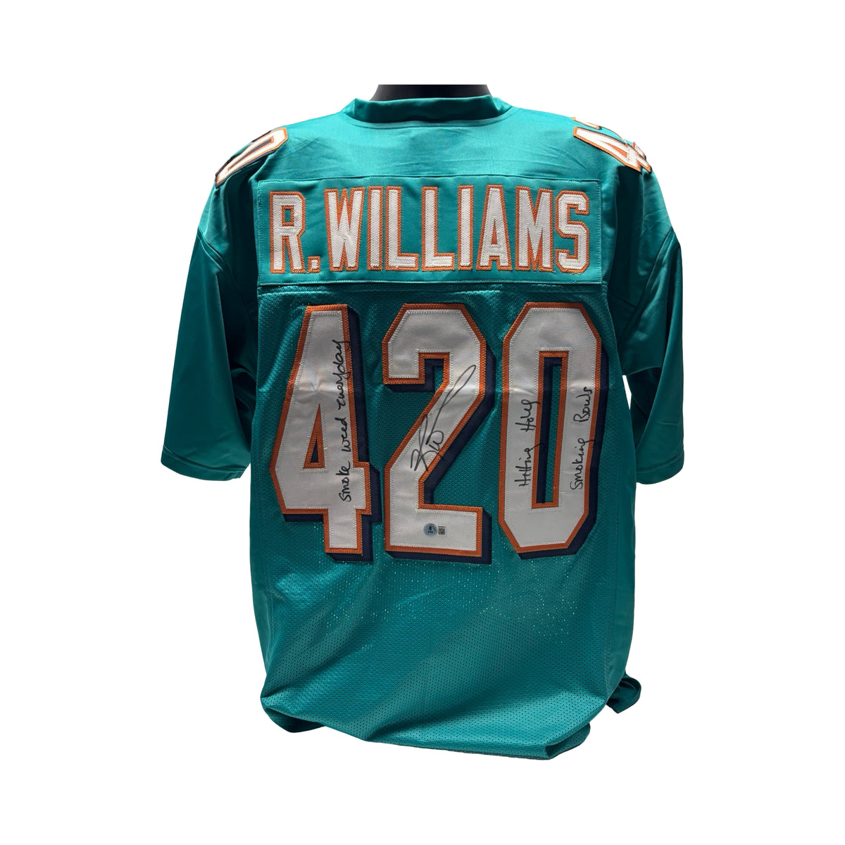 Ricky Williams Miami Dolphins Teal 420 Jersey Beckett BAS product image 1, provided for visual reference and product detail