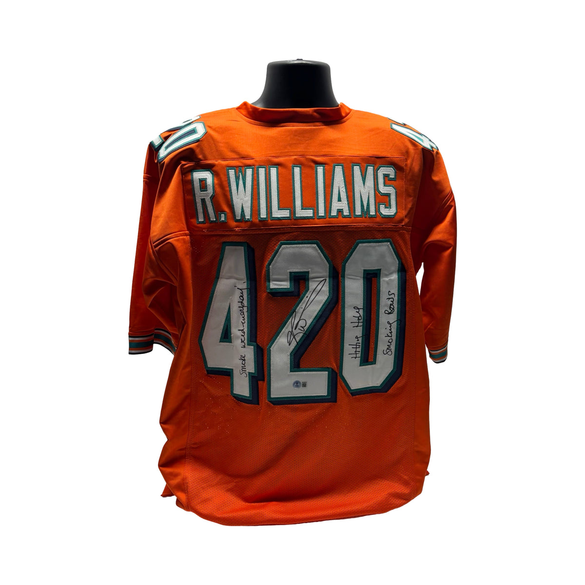Ricky Williams Miami Dolphins Orange 420 Jersey Beckett BAS product image 1, provided for visual reference and product
