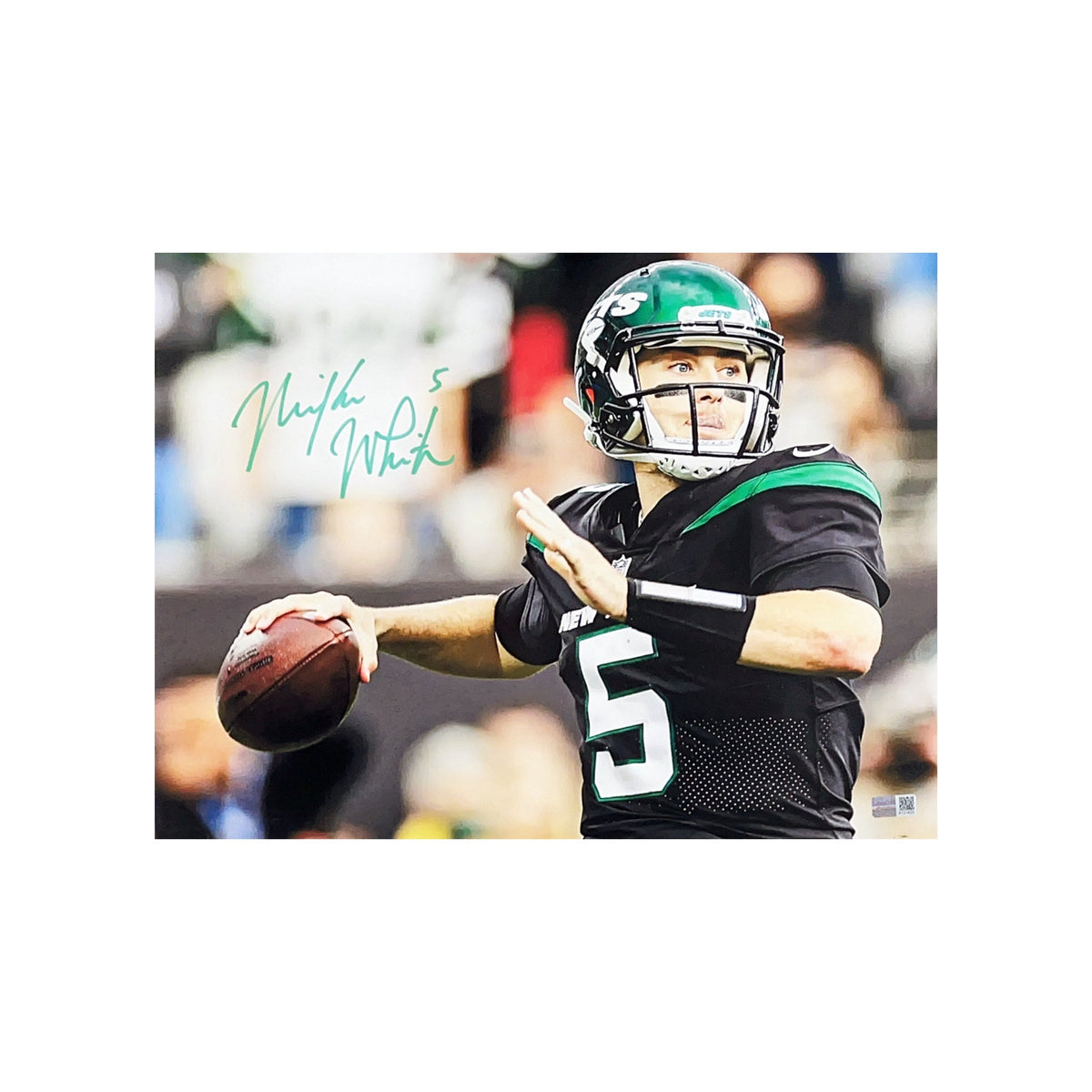 Mike White Autographed New York Jets Black Jersey Throw 8x10 Steiner CX product image 1, provided for visual reference and