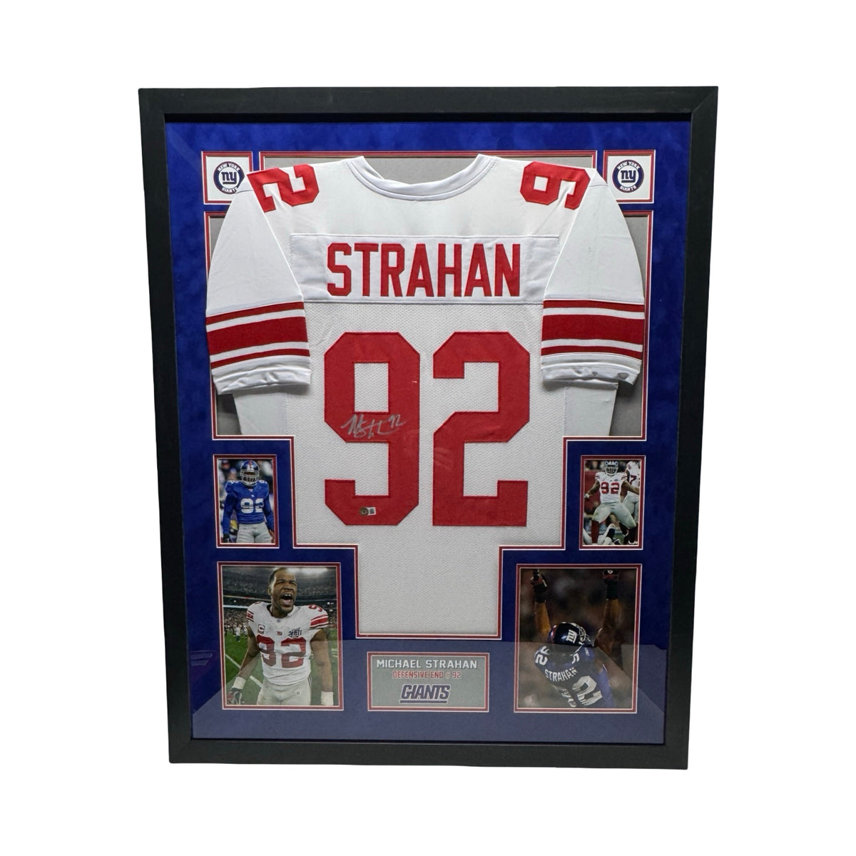 Michael Strahan Autographed New York Giants White Jersey Beckett - Framed product image 1, provided for visual reference and