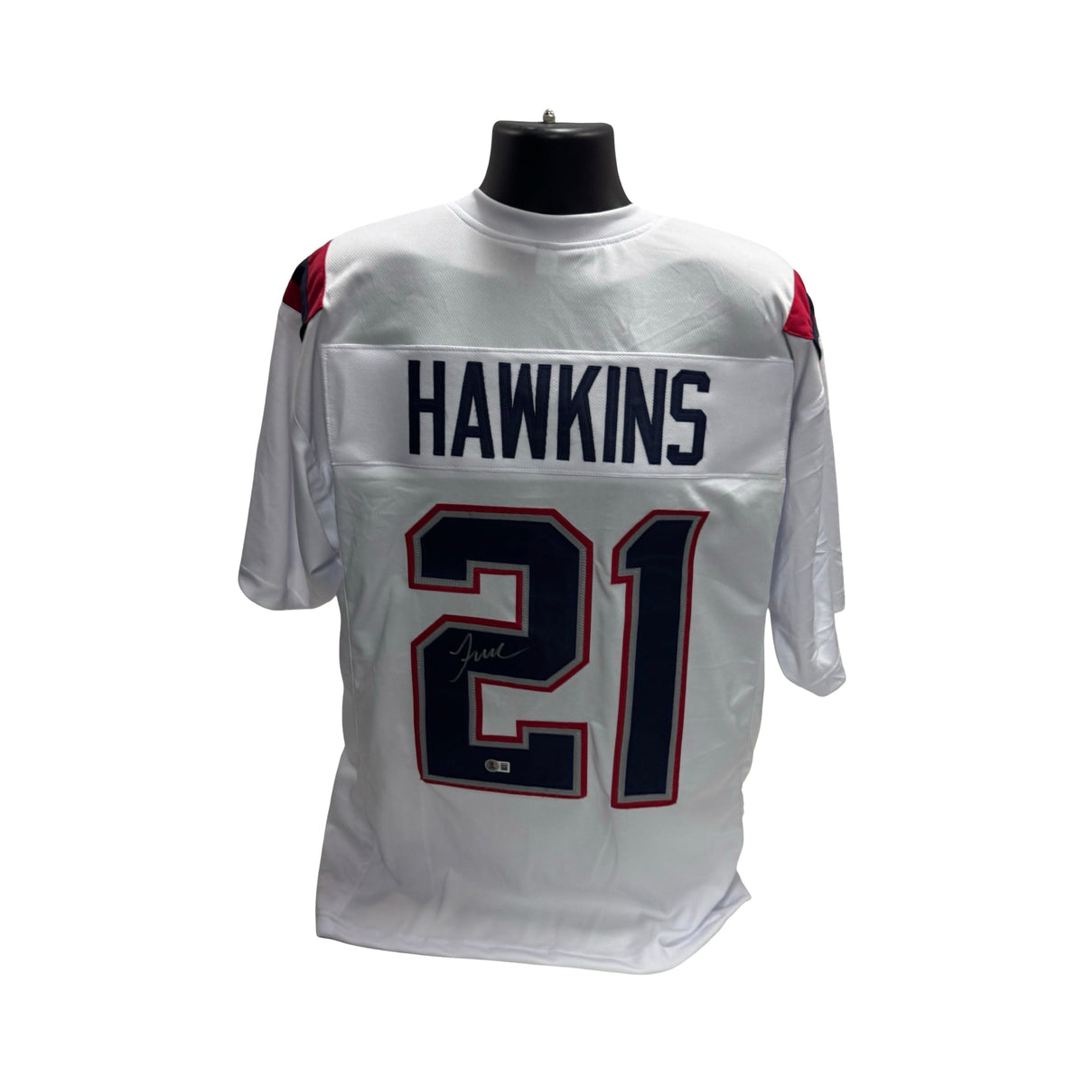 Jaylinn Hawkins Autographed New England Patriots White Jersey Beckett BAS product image 1, provided for visual reference and